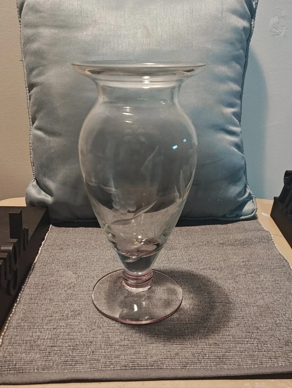 Vintage Depressed Era Etched Floral Light Pink Glass Pedestal Vase.